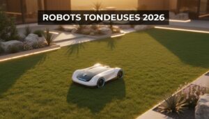 Robot tondeuse autonome au design futuriste sur une pelouse soignée dans un jardin moderne au coucher du soleil avec le texte Robots Tondeuses 2026.