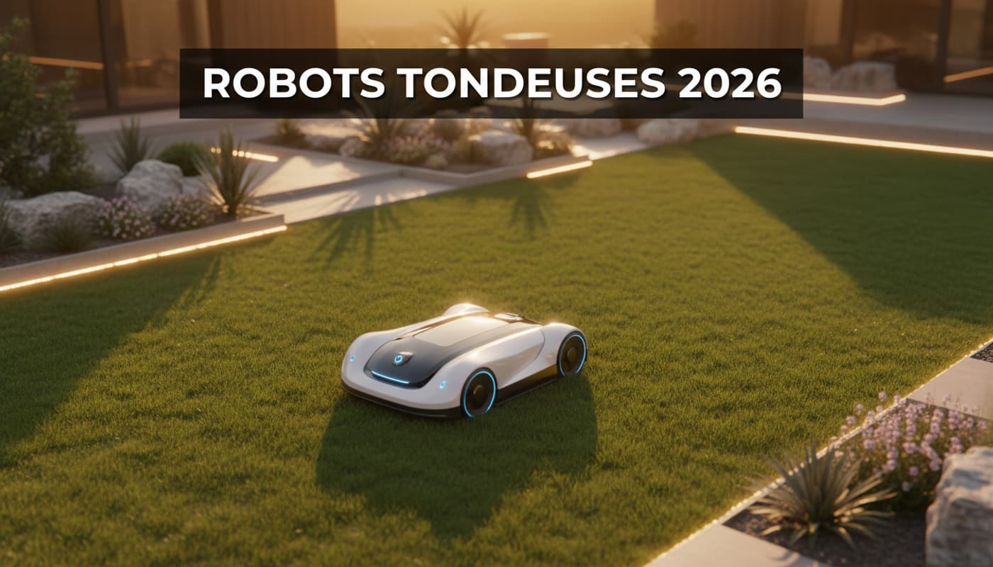 Robot tondeuse autonome au design futuriste sur une pelouse soignée dans un jardin moderne au coucher du soleil avec le texte Robots Tondeuses 2026.