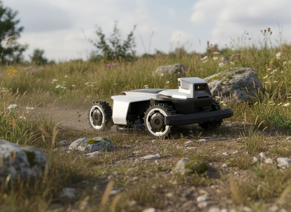 Robot tondeuse Navimow X4 au design profilé circulant sur un terrain de jardin sauvage avec des rochers et des zones irrégulières, vue de trois-quarts face.