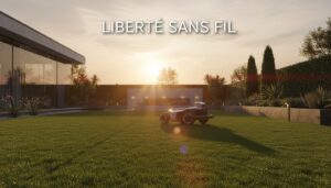 Un robot de tonte futuriste entretient une pelouse impeccable dans un jardin luxueux lors d'un coucher de soleil doré, avec le texte LIBERTÉ SANS FIL affiché.