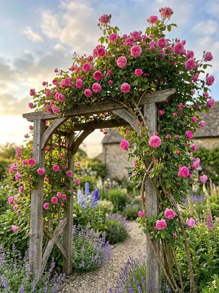 Un rosier grimpant aux fleurs roses s'épanouit sur une arche de jardin en bois sous la lumière dorée d'une fin d'après-midi.