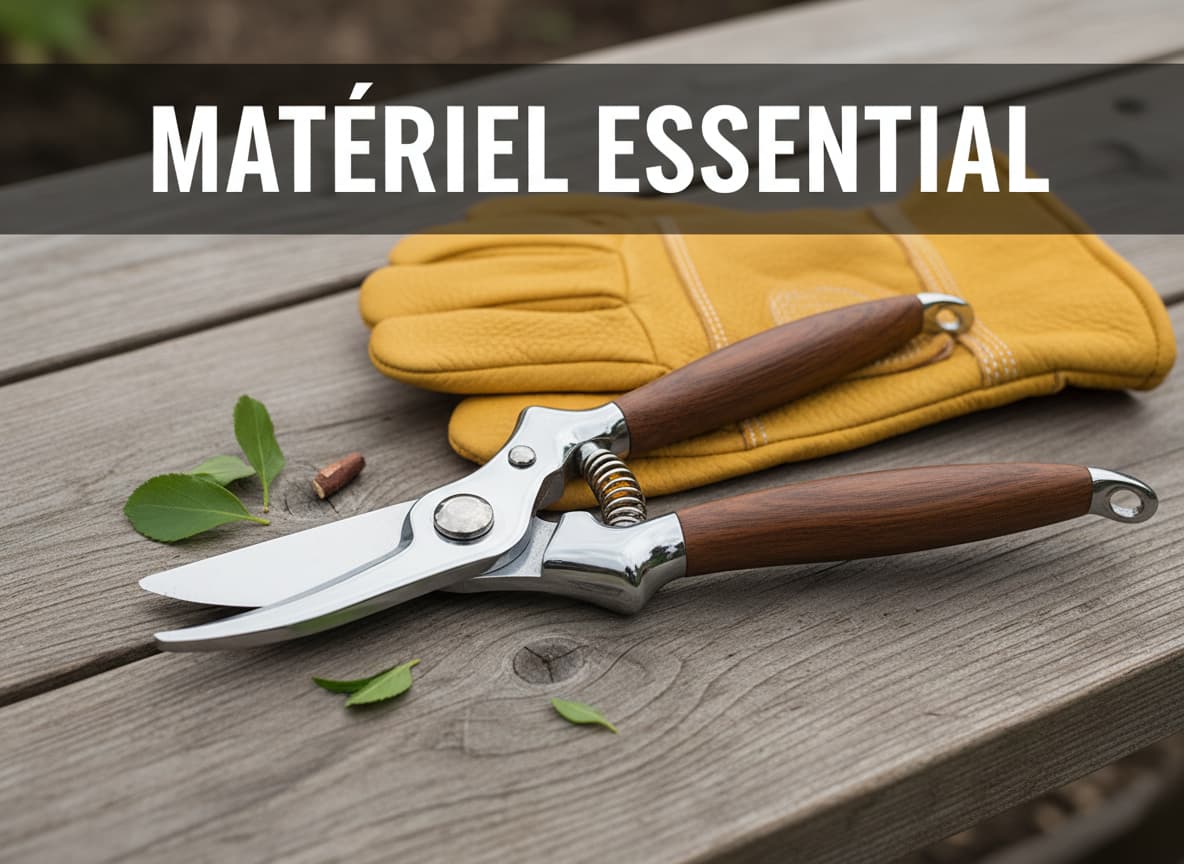 Sécateur à coupe franche et gants épais en cuir jaune posés sur une table en bois rustique avec le texte Matériel Essentiel visible.