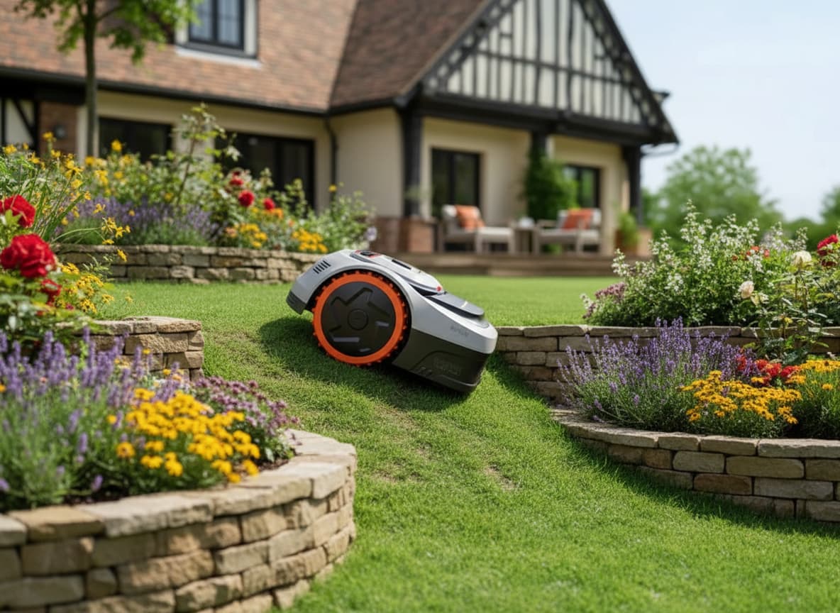 Robot tondeuse Husqvarna Automower 435X AWD NERA articulé gravissant une pente herbeuse raide avec inscription Pentes jusqu'à 70%.