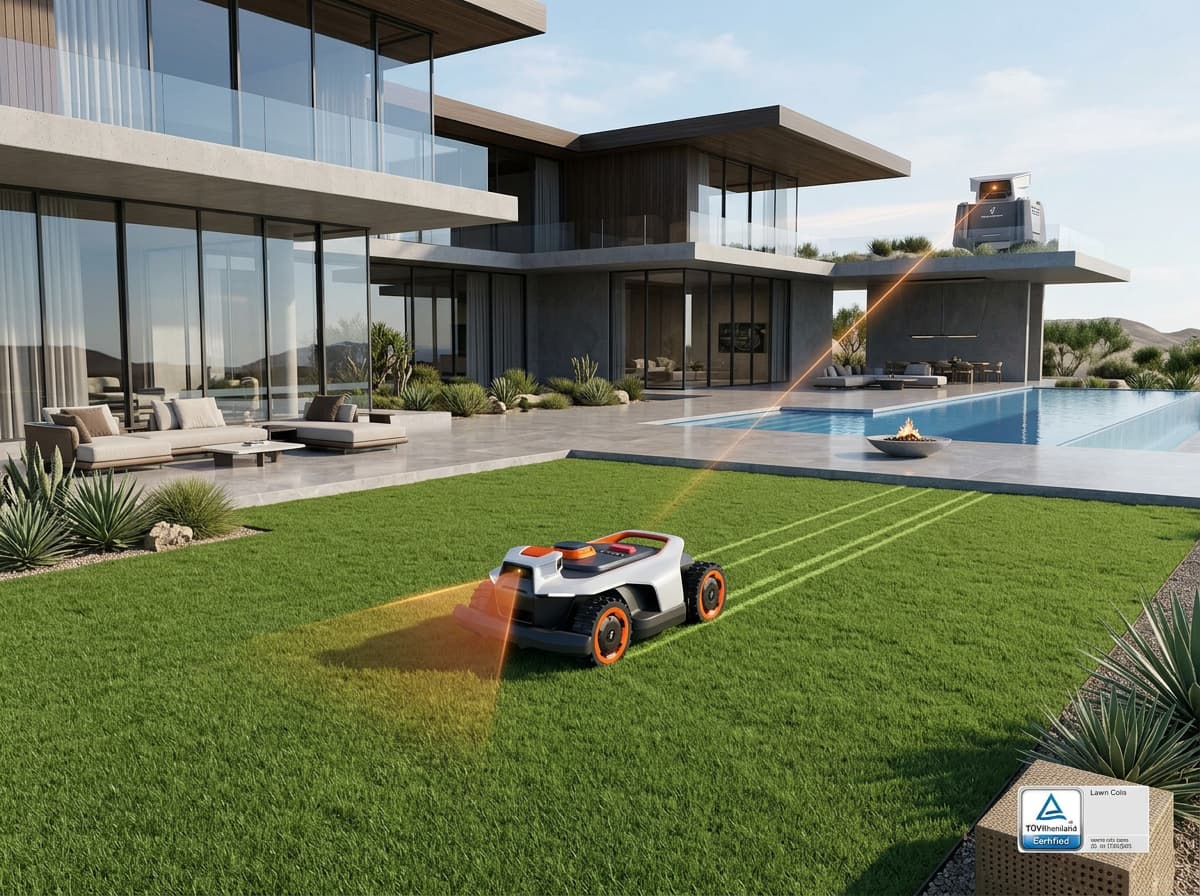Robot tondeuse Segway Navimow i205 AWD grimpant une pente raide au milieu d'un jardin paysager avec parterres de fleurs et bordures en pierre.