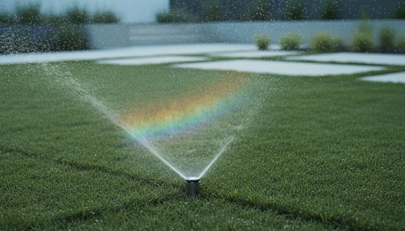 Un système d'arrosage moderne diffuse une fine brume sur une jeune pelouse verte alors que les gouttelettes d'eau créent un arc-en-ciel sous l'éclat du soleil.