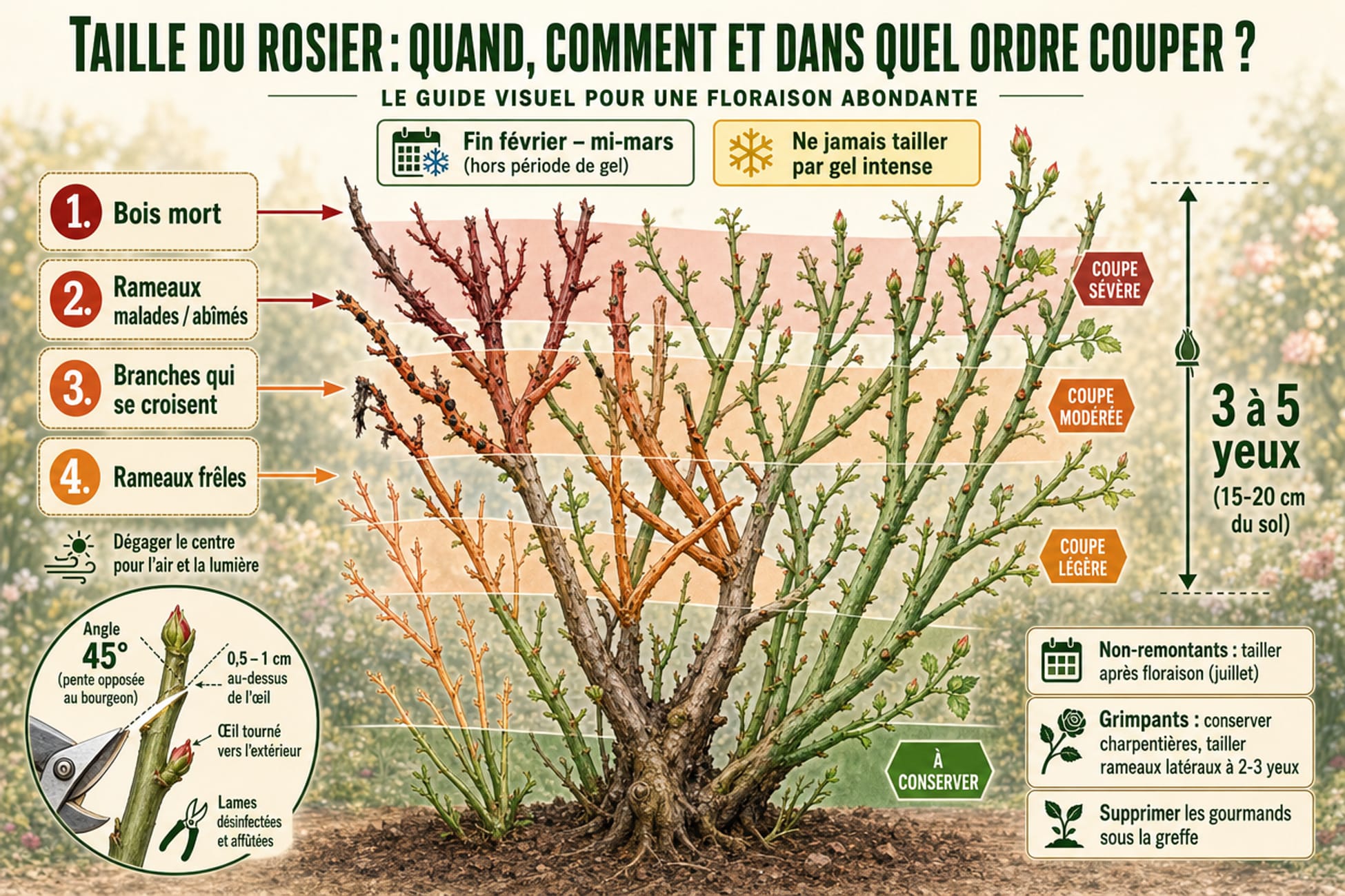 Schéma annoté de taille du rosier montrant la période idéale, les priorités de coupe, la hauteur de 3 à 5 yeux, l’angle de 45° et les cas particuliers.
