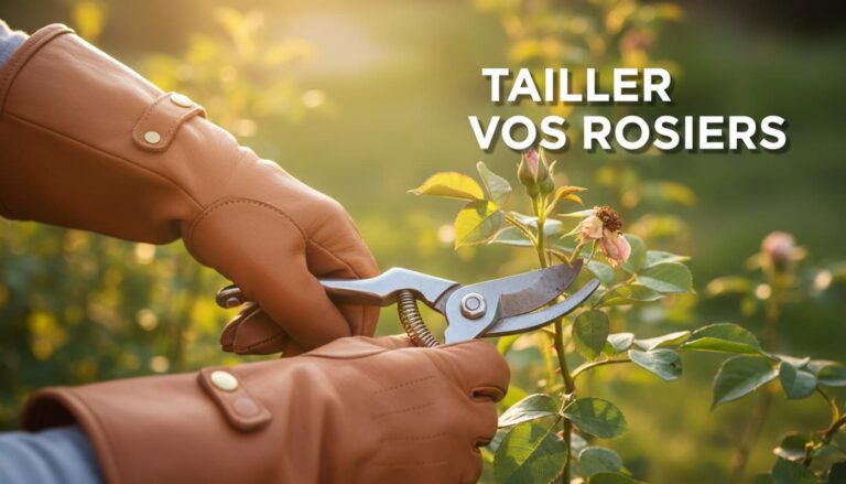 Des mains gantées de cuir taillent un rosier avec un sécateur de précision dans un jardin ensoleillé avec le texte Tailler vos rosiers en surimpression.