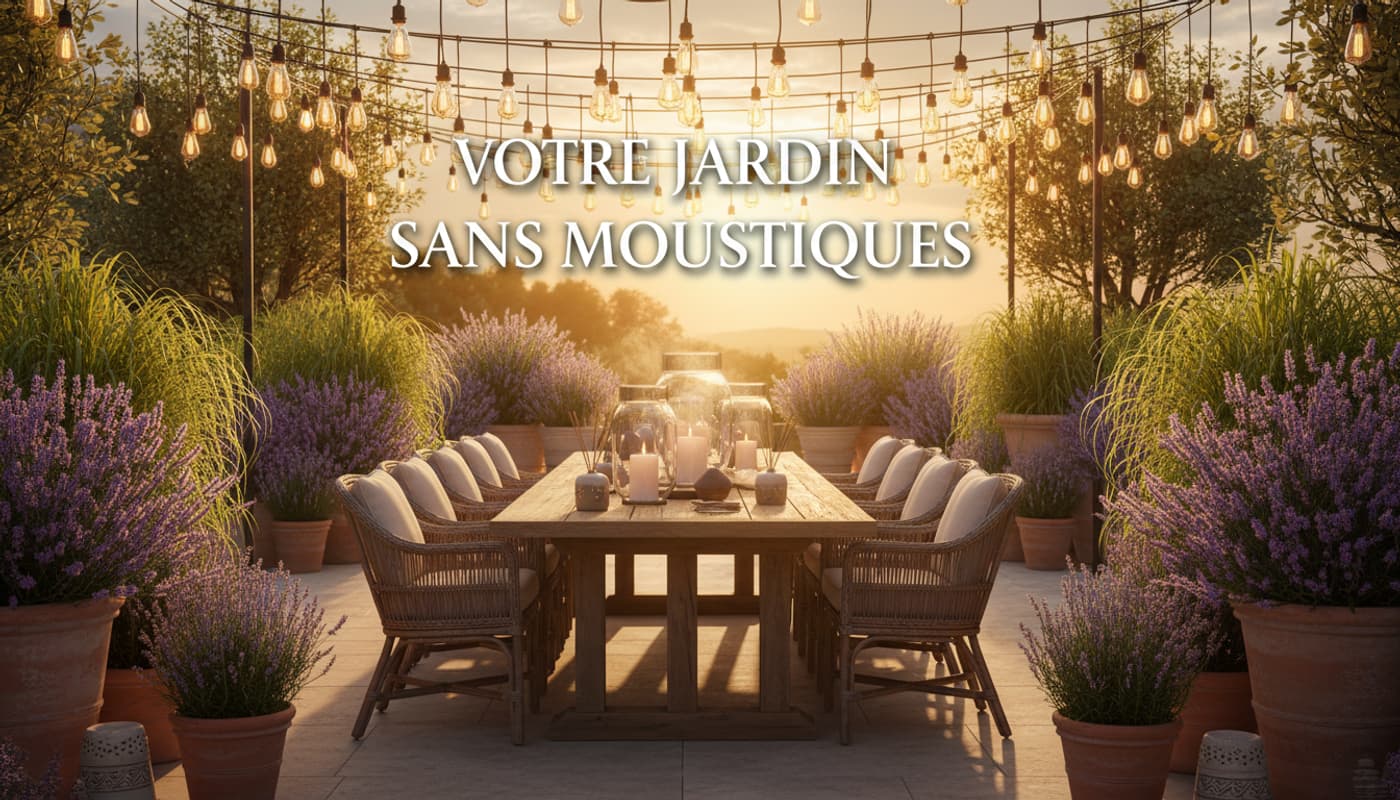 Terrasse en bois au coucher du soleil décorée de guirlandes lumineuses et lavande avec texte en surimpression Votre jardin sans moustiques.