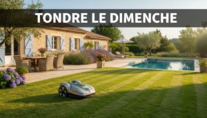 Tondeuse moderne sur pelouse bien tondue dans un jardin résidentiel lumineux avec inscription TONDRE LE DIMANCHE sur un bandeau sombre.