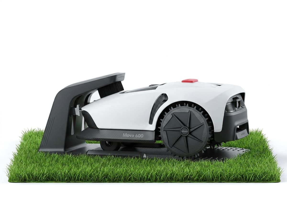Robot tondeuse Mammotion LUBA mini AWD naviguant sur une pelouse inégale dans un jardin résidentiel bordé d'une clôture en bois.
