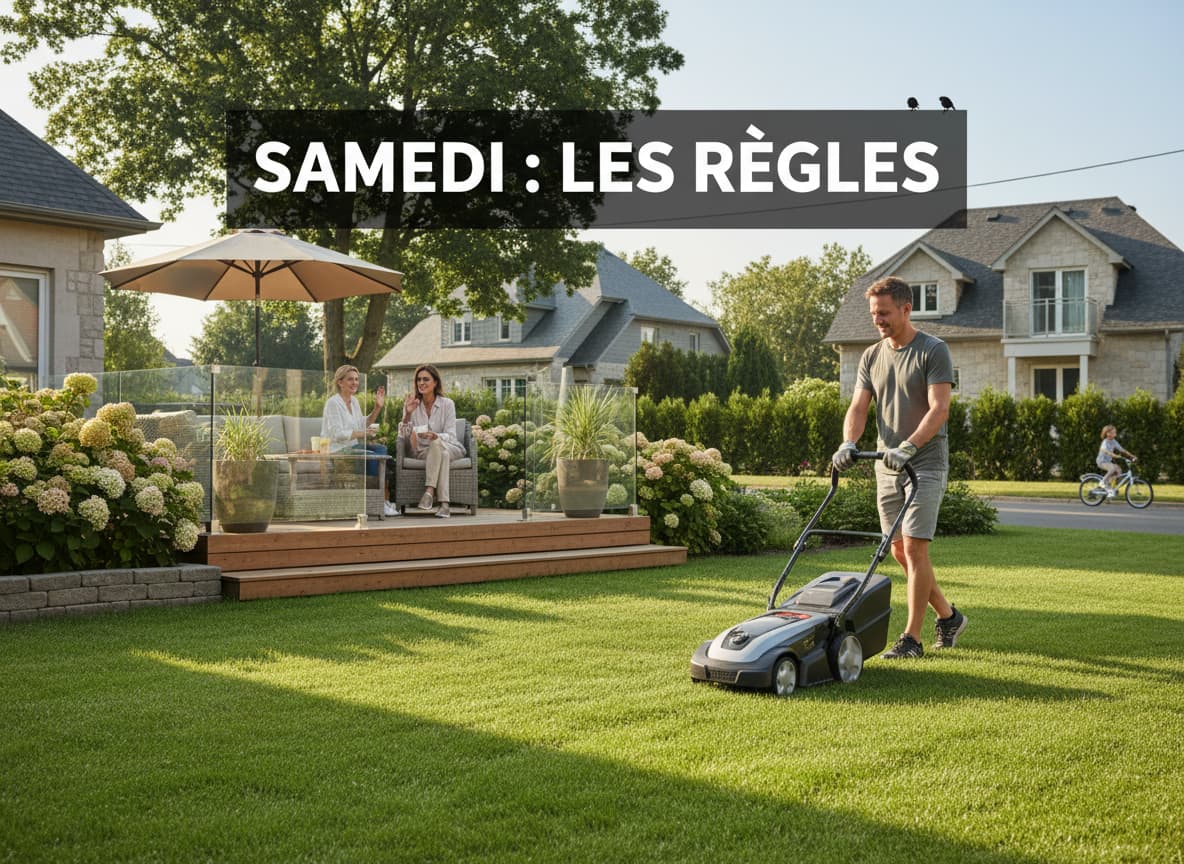 Une personne tond une pelouse verdoyante dans un quartier résidentiel calme le matin avec l'inscription Samedi : les règles en surimpression.