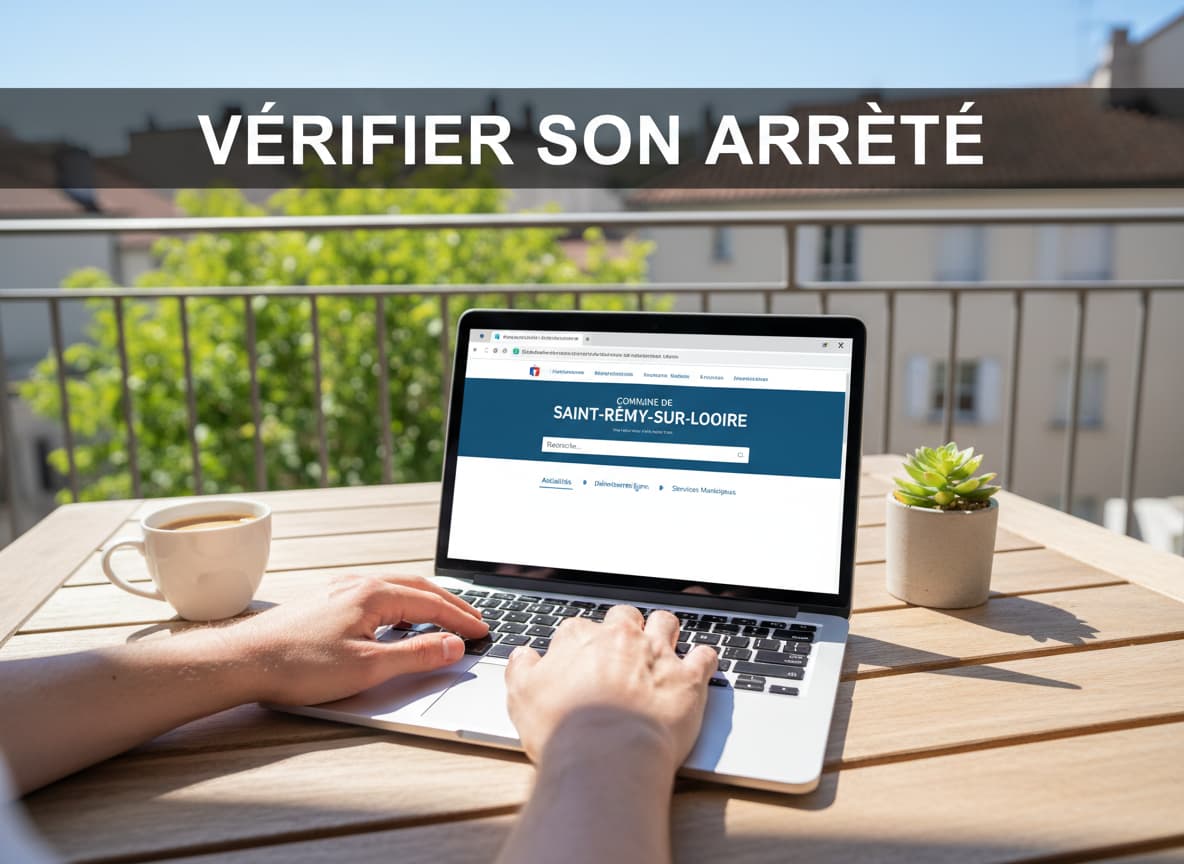 Personne utilisant un ordinateur portable sur une terrasse avec café et plante, affichant un site municipal pour vérifier un arrêté.