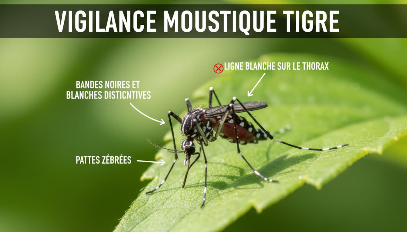 Moustique tigre aux rayures noires et blanches sur une feuille verte avec un texte en surimpression Vigilance Moustique Tigre.