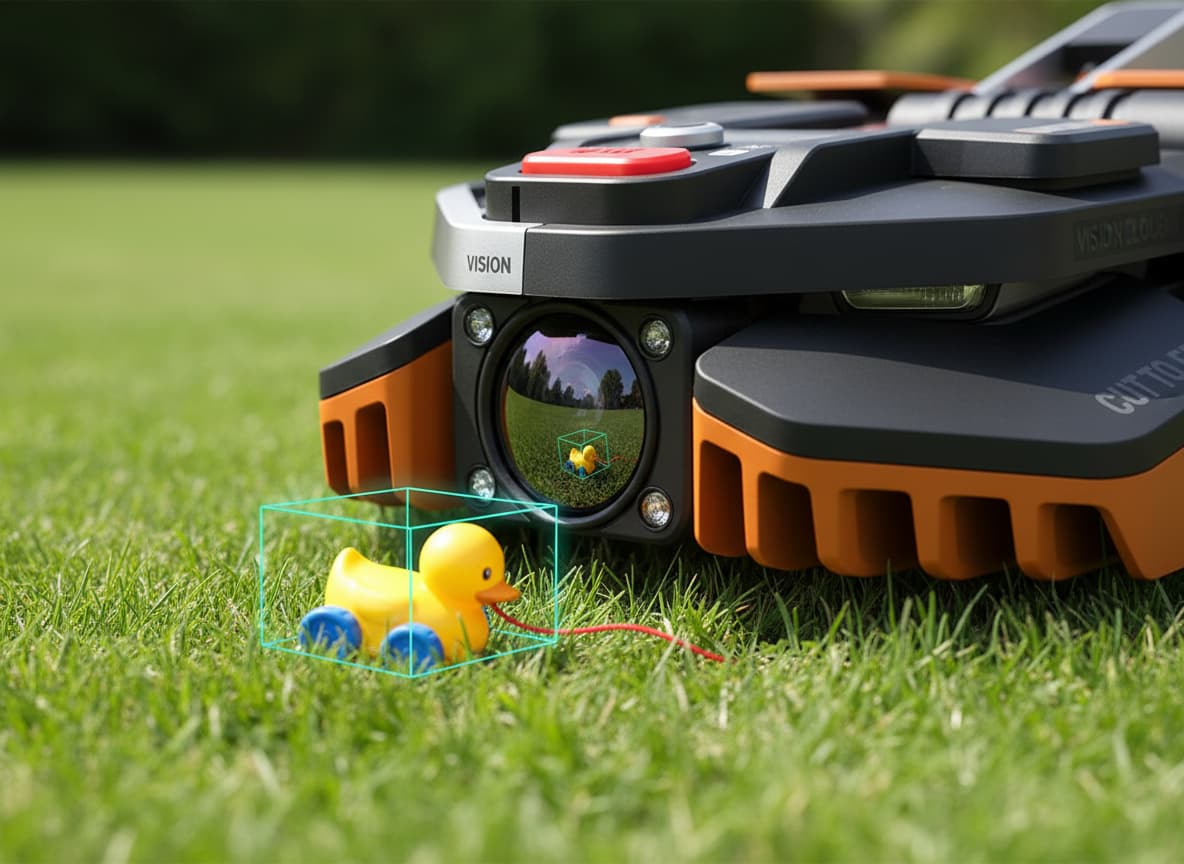 Une tondeuse robot Segway Navimow X4 aux accents orange trace des lignes droites sur la pelouse d'une villa moderne avec piscine et architecture en verre.