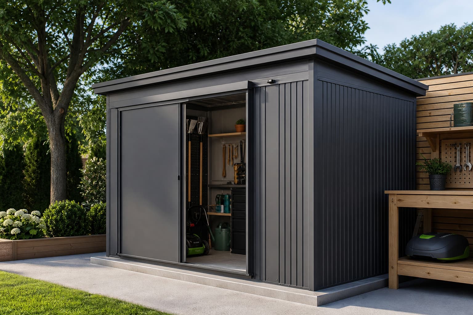 Abri de jardin métallique de taille moyenne avec design moderne et porte coulissante, vu de trois quarts, partiellement accompagné d