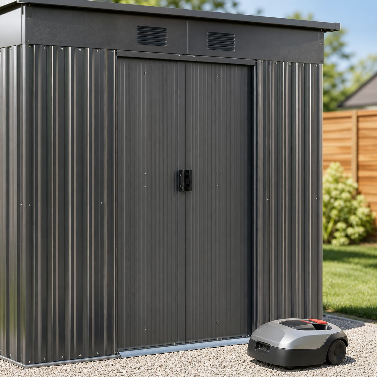 Un abri de jardin métallique anthracite compact avec porte coulissante et murs ondulés, un robot tondeuse posé sur une base de gravier au premier plan, sous un éclairage naturel de printemps.