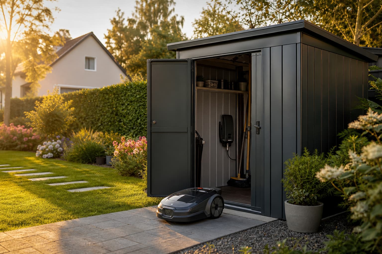 Abri de jardin métallique gris anthracite moderne avec une tondeuse robot garée sur une allée pavée, entouré de verdure et de fleurs, illuminé par le soleil du soir.