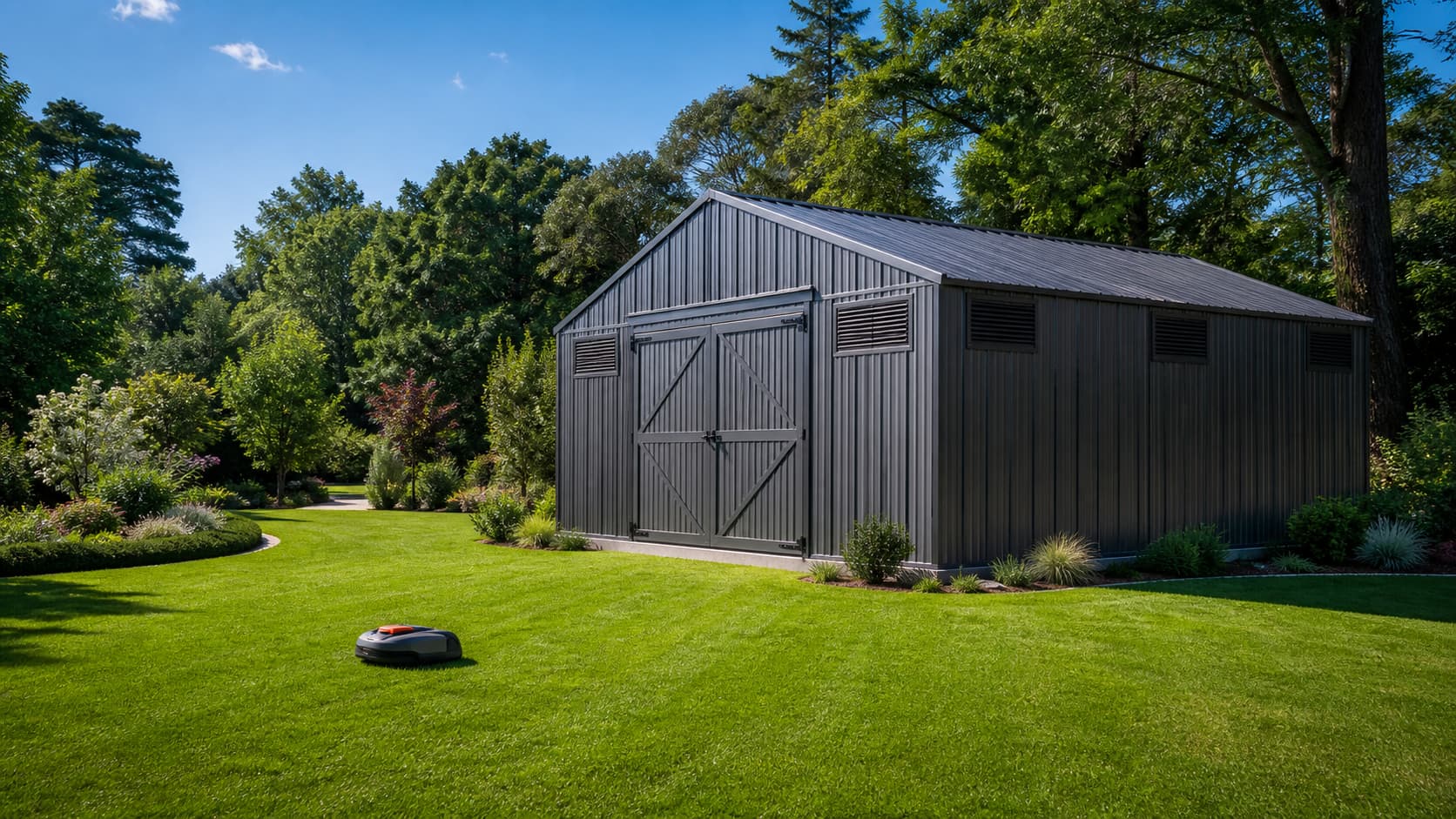 Un grand abri de jardin métallique avec grilles de ventilation et un robot tondeuse s