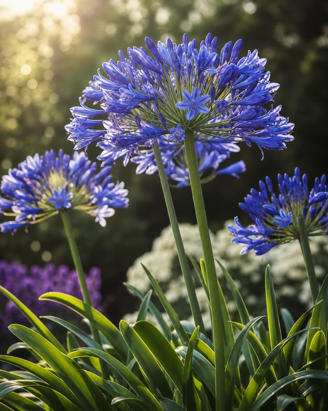 Agapanthe africaine dont les ombelles sphériques de fleurs bleu profond en trompette s’épanouissent au sommet de tiges robustes, avec un feuillage rubané vert et un arrière-plan de jardin flou baigné d’une lumière matinale dorée.