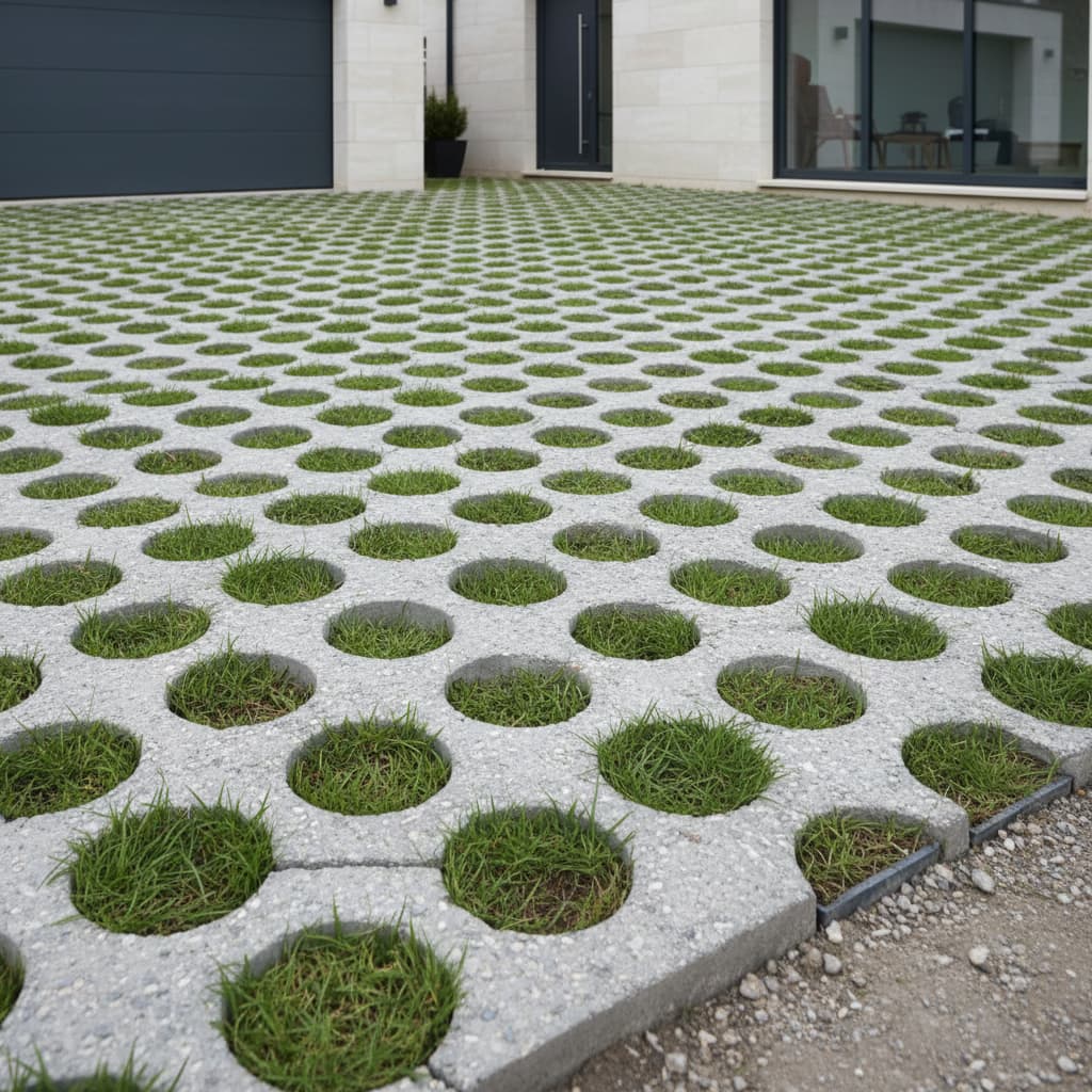 Grey concrete lawn tiles with circular hollows arranged in a precise grid, with fresh green grass growing through the holes on a driveway.