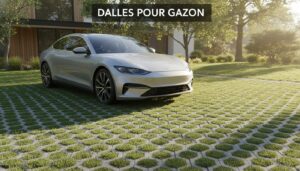 Allée résidentielle avec dalles alvéolaires en nid d'abeille pour gazon, une voiture moderne garée partiellement, éclairage matinal chaud.