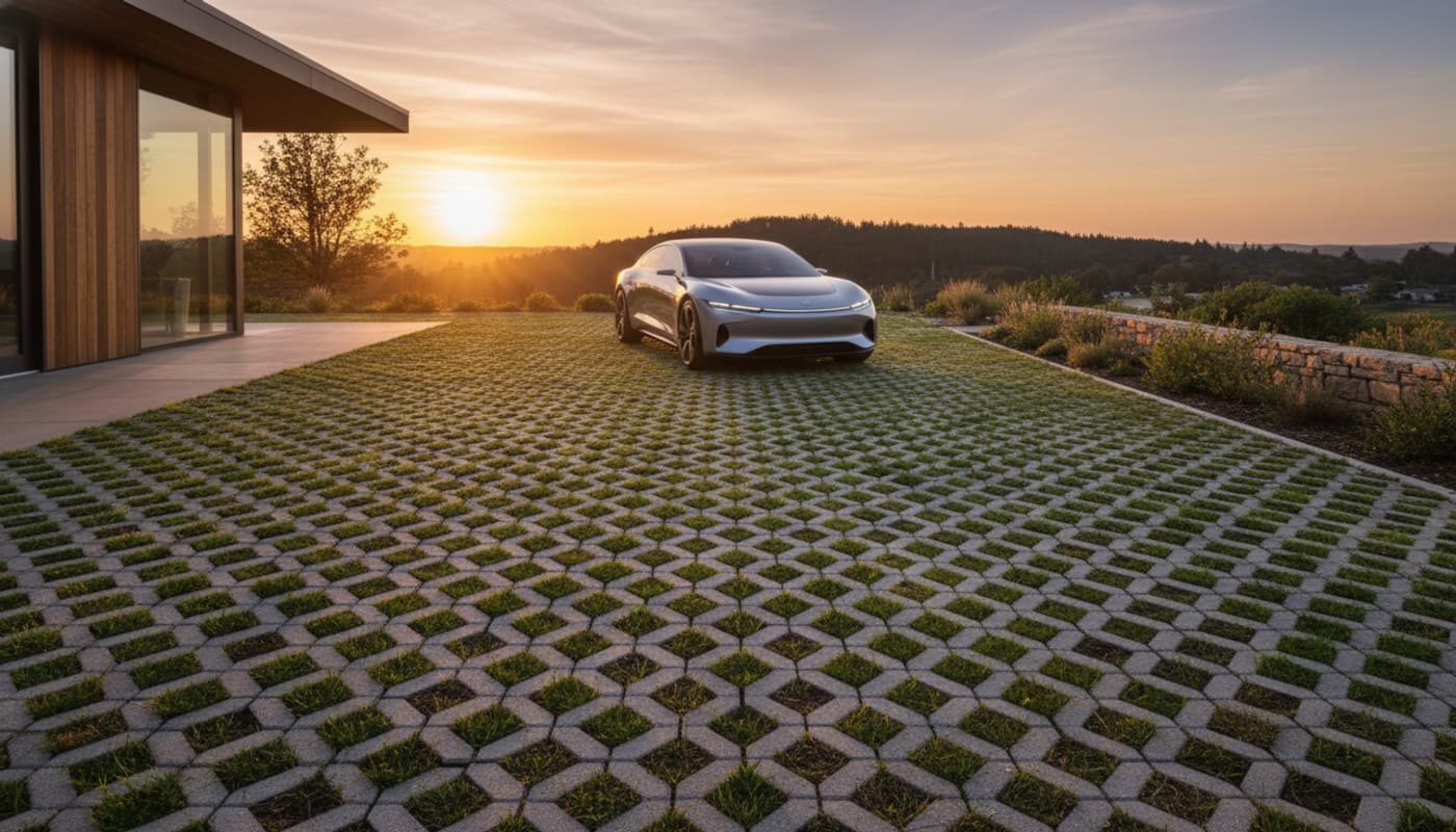 Allée moderne en dalles hexagonales avec herbe verte et une voiture électrique garée, baignée dans la lumière dorée du coucher de soleil.