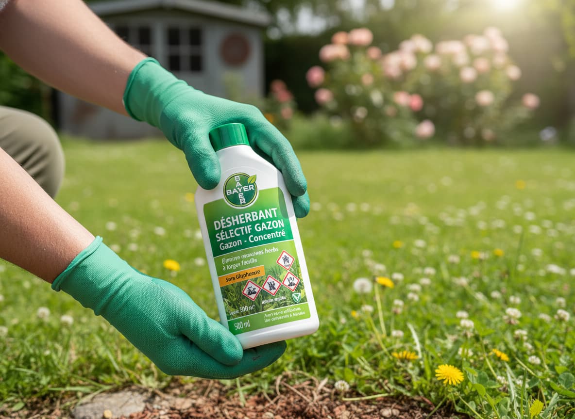 Un jardinier portant des gants tient une bouteille concentrée de désherbant Bayer Jardin dans un jardin.