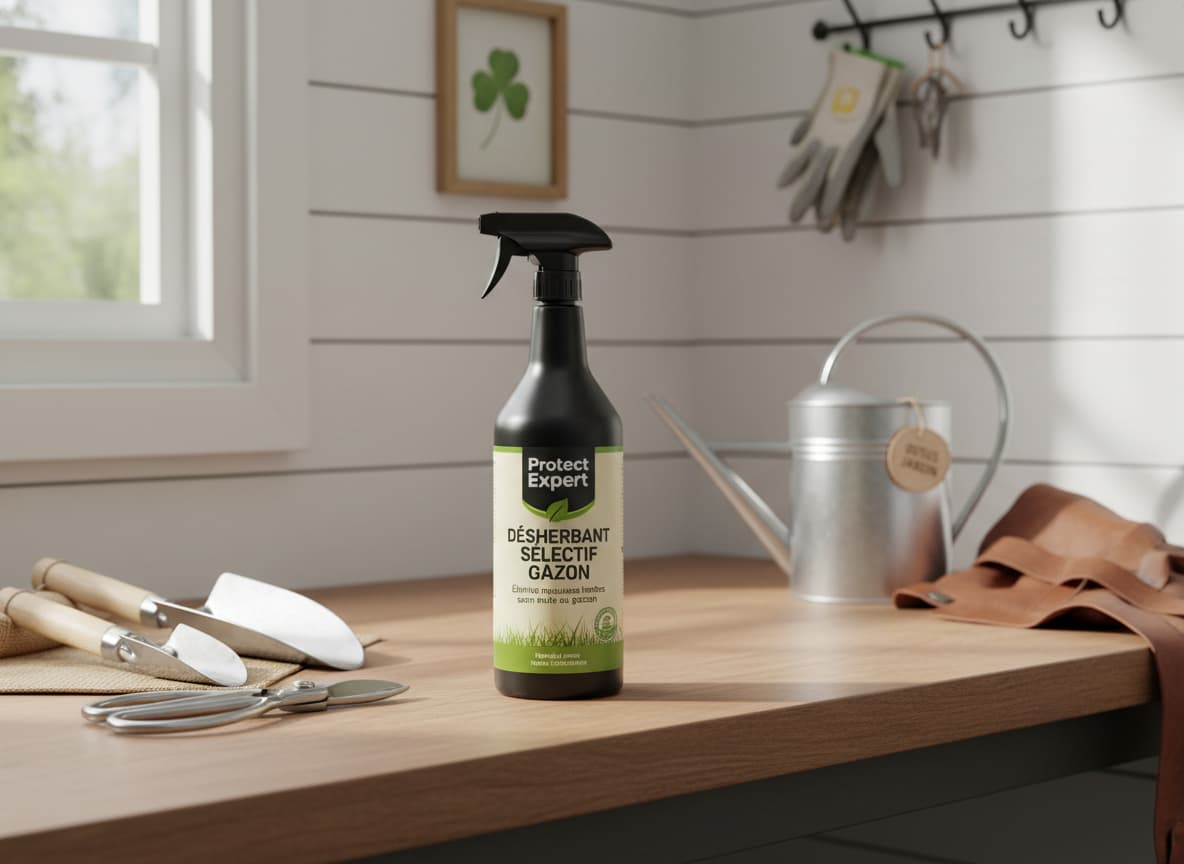 Bouteille de désherbant Protect Expert posée dans un abri de jardin moderne entourée d'outils de jardinage.