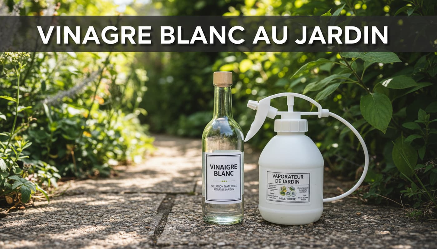 Bouteille en verre transparent de vinaigre blanc et pulvérisateur de jardin posés sur un chemin en pierre, avec un éclairage ensoleillé traversant un feuillage vert.