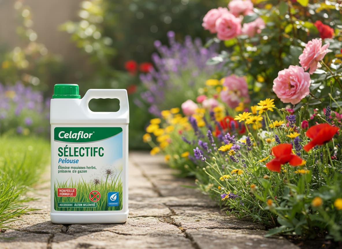 Flacon de Celaflor Désherbant Sélectif Pelouse posé près d'un chemin de jardin avec un jardin fleuri en arrière-plan.