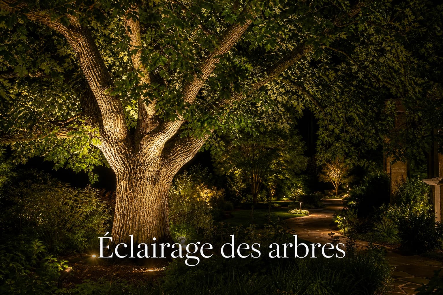Grand chêne illuminé par des projecteurs extérieurs chauds dans un jardin aménagé la nuit