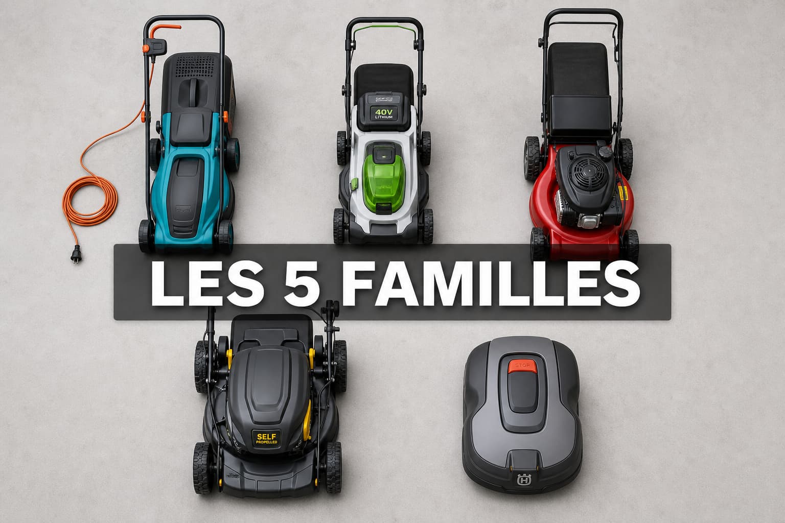 Cinq tondeuses à gazon aux silhouettes distinctes disposées à plat sur du béton avec le texte LES 5 FAMILLES.