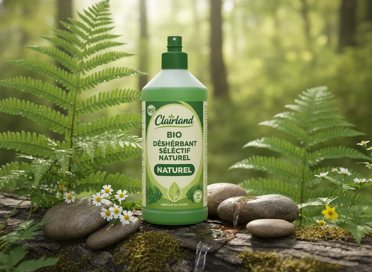 Bouteille de désherbant entourée de feuilles vertes et de pierres, avec les mentions 'Bio' et 'Naturel' bien visibles, éclairage organique doux.