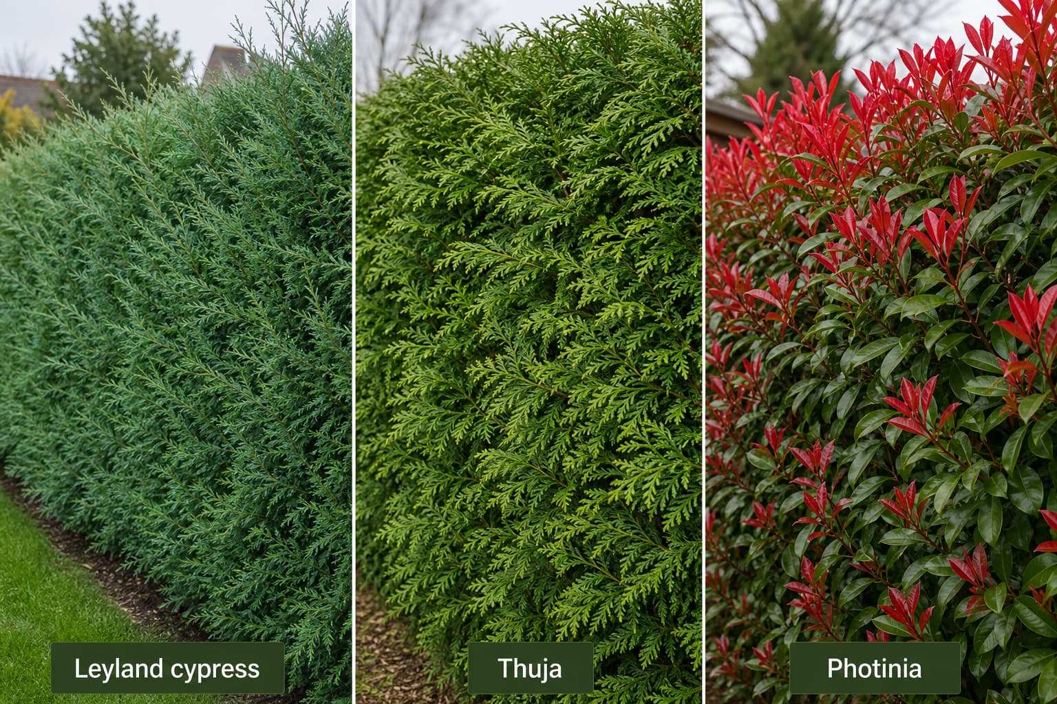 Vue comparative de trois haies persistantes : cyprès de Leyland aux aiguilles bleu-vert, thuya au feuillage en écailles et photinia aux jeunes pousses rouges, alignés dans un jardin sous un éclairage nuageux uniforme.