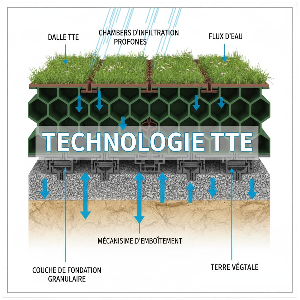 Coupe technique du système O2D GREEN TTE montrant le mécanisme d'emboîtement entre les dalles et les chambres profondes d'infiltration, avec des flèches bleues indiquant le flux d'eau vers le sol.