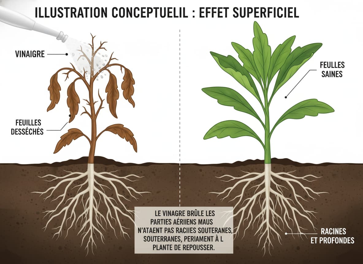 Coupe transversale d'une herbe dans le sol montrant les feuilles brunes et flétries par le vinaigre tandis que les racines souterraines restent blanches et saines.