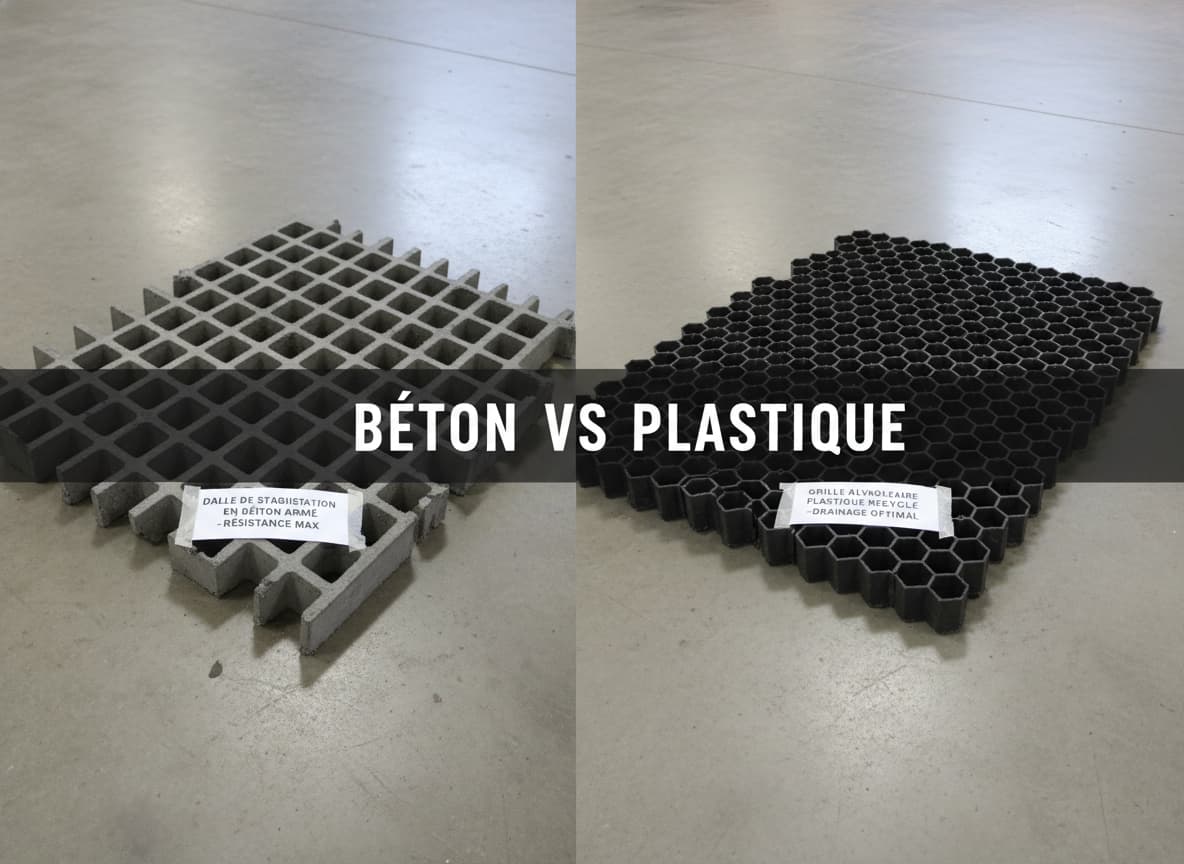 Comparaison côte à côte d'une grille en béton gris et d'une grille alvéolaire en plastique noir recyclé, avec texte 'BÉTON VS PLASTIQUE' superposé sur fond sombre.