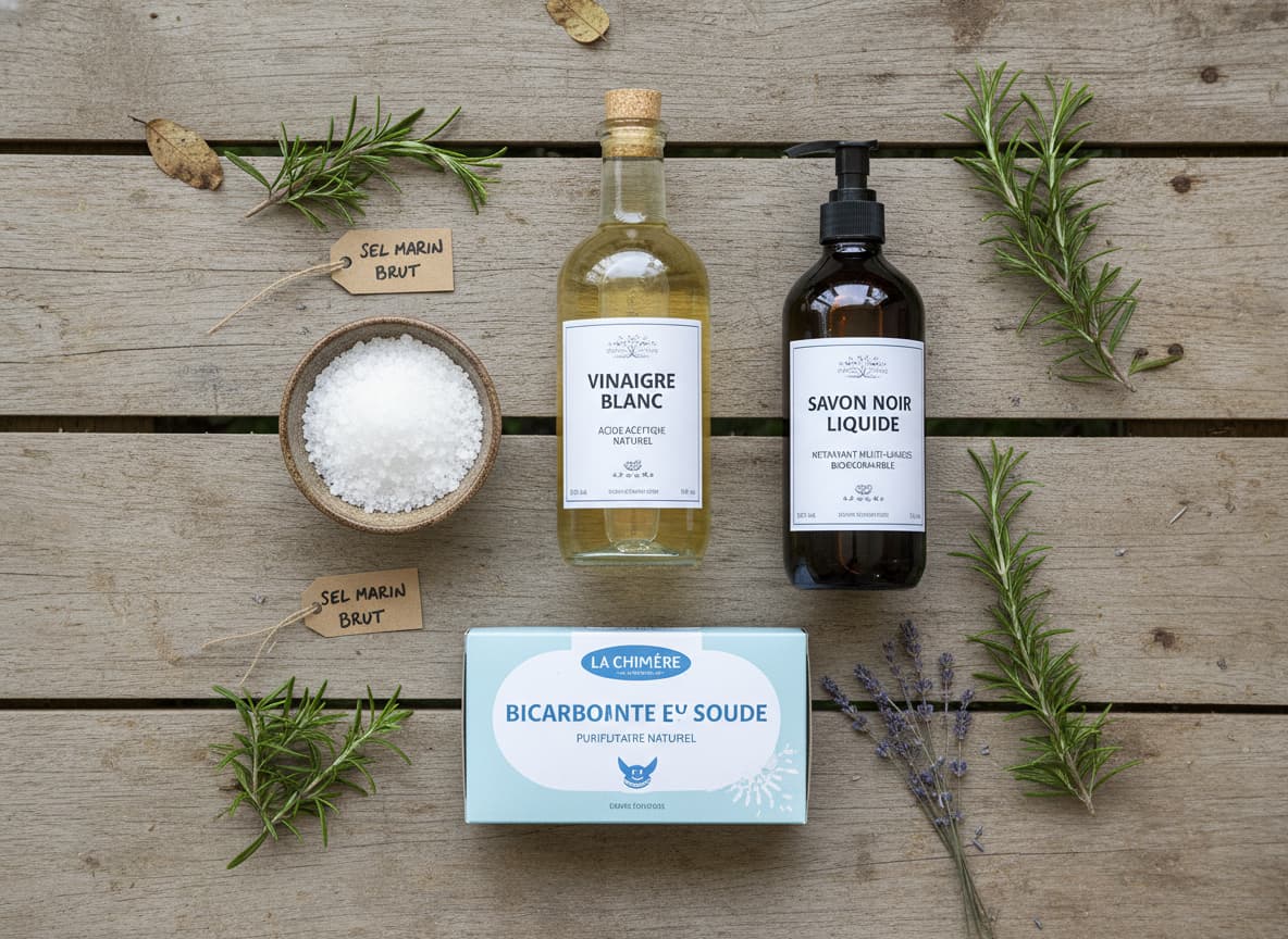 Composition à plat sur un établi en bois avec une bouteille de vinaigre blanc, un bol de sel, du savon noir liquide et une boîte de bicarbonate de soude, disposés de manière esthétique.