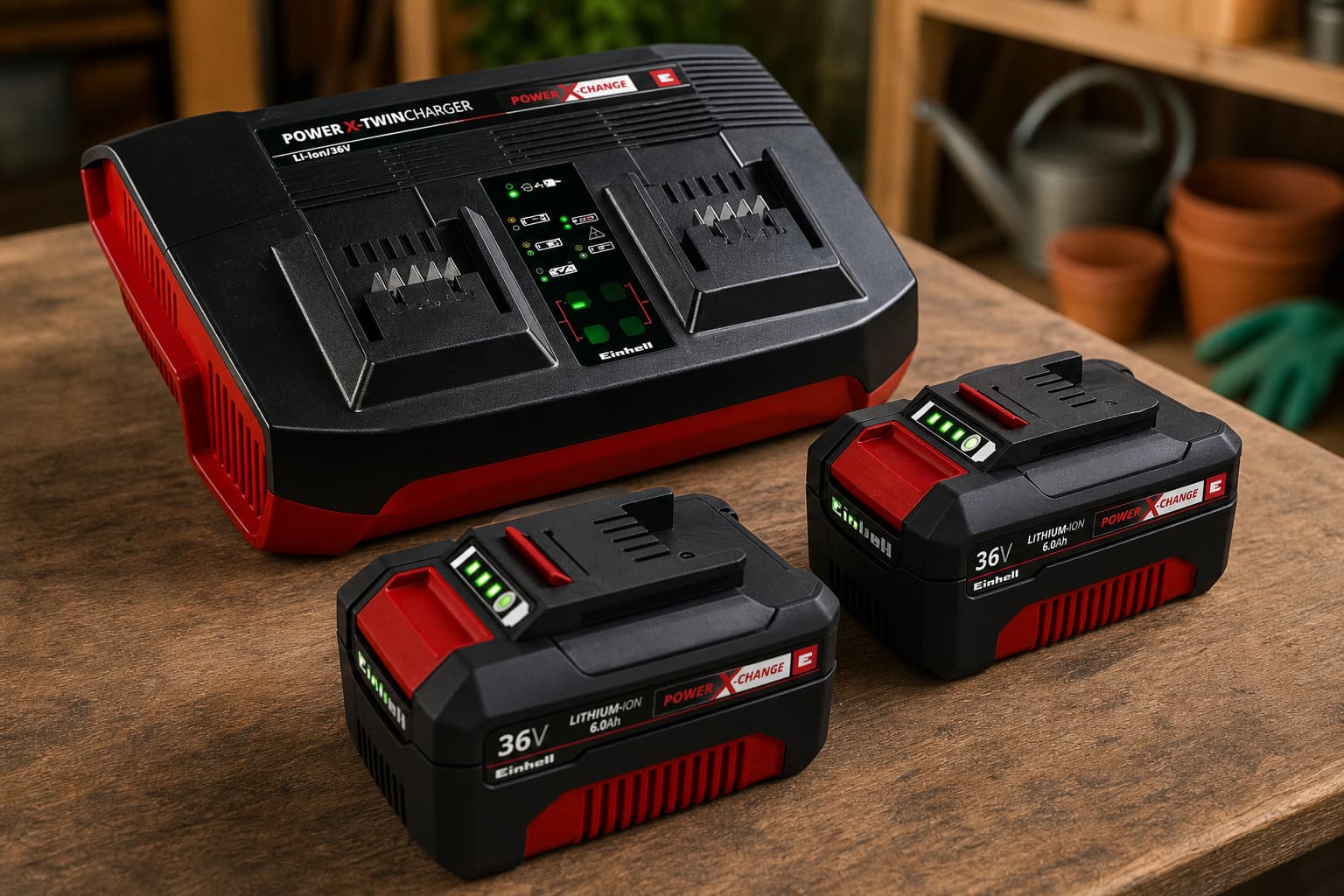 Gros plan de deux batteries lithium-ion 36 volts Einhell Power X-Change et d