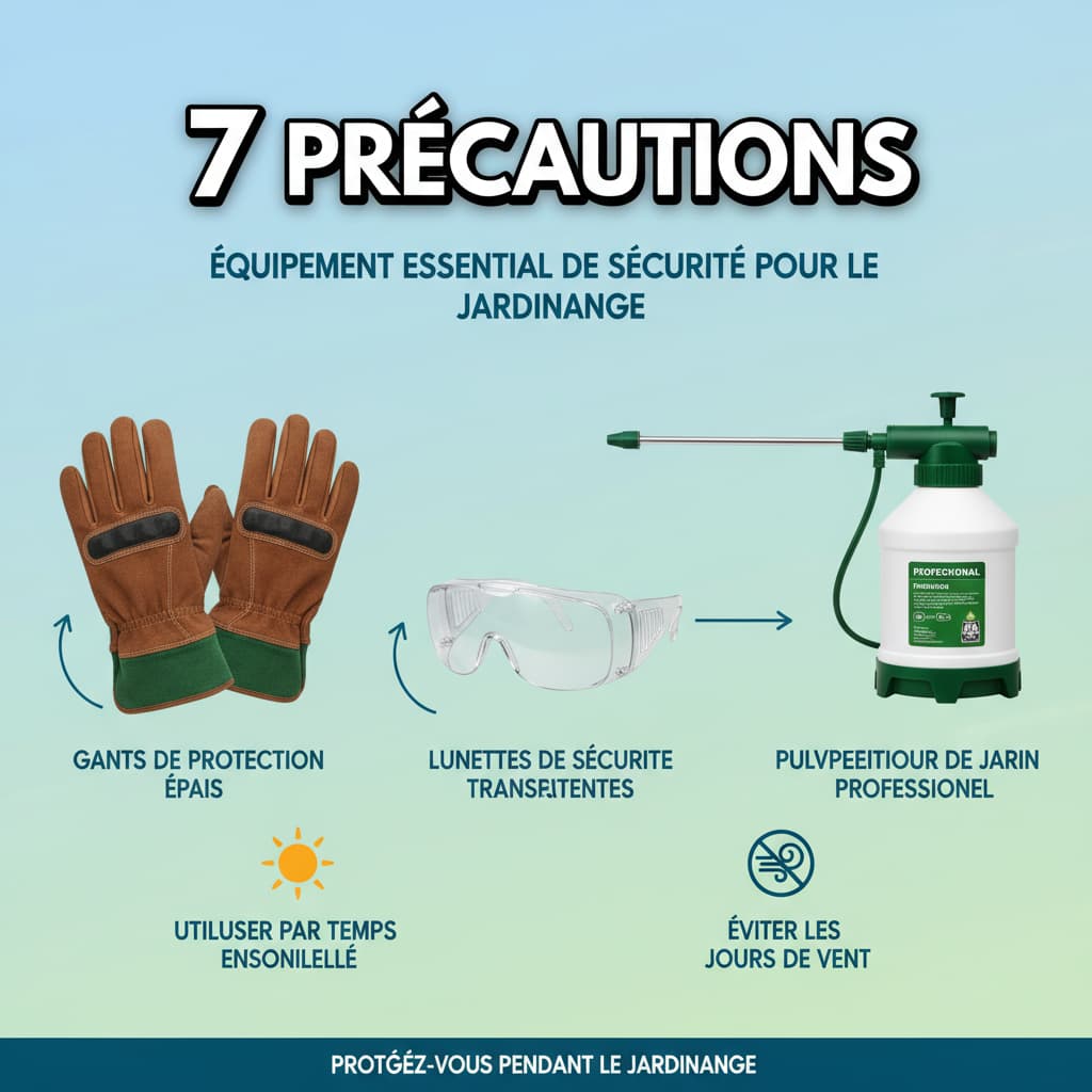 Infographie montrant des gants épais, des lunettes de sécurité transparentes et un pulvérisateur de jardin, avec des icônes de soleil et de vent interdit, et le texte '7 PRÉCAUTIONS'.