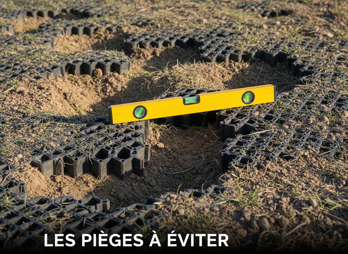 Dalles pour gazon inégalement posées sur sol mal nivelé, un niveau à bulle posé en travers soulignant la pente, avec texte 'LES PIÈGES À ÉVITER' en bas.