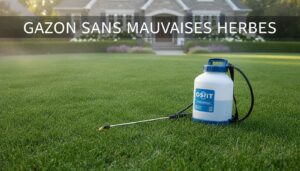 Pelouse résidentielle verte et luxuriante éclairée par la lumière matinale, avec un pulvérisateur de jardin professionnel reposant sur le gazon, et un texte superposé 'Gazon sans mauvaises herbes'.