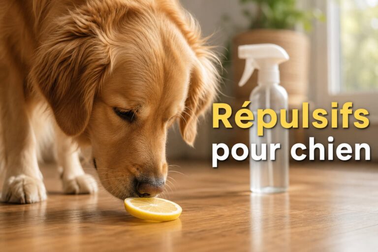 Un golden retriever renifle une tranche de citron sur un plancher en bois chaud, avec un vaporisateur générique flouté en arrière-plan, une lumière naturelle douce, et le texte 'Répulsifs pour chien' en surimpression avec ombre portée.