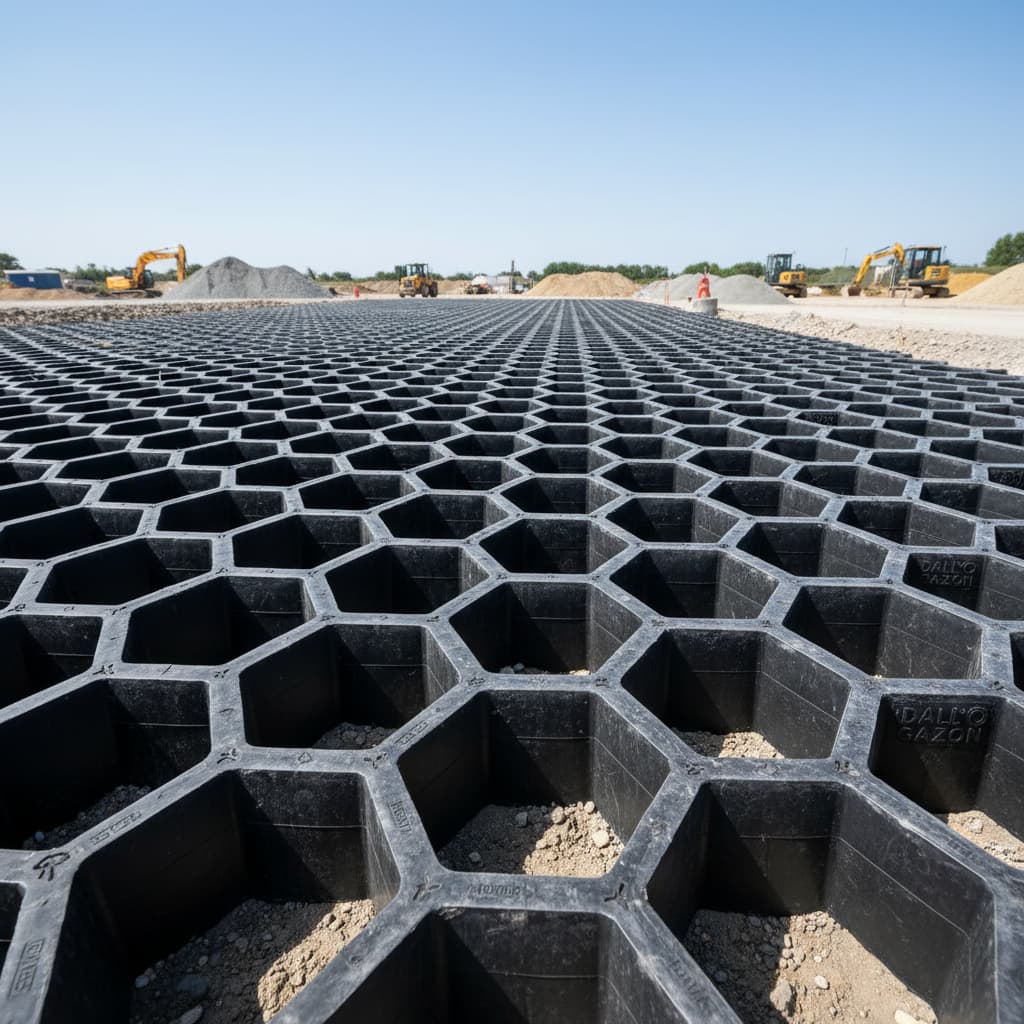 Plusieurs grilles Dall'O Gazon en PEHD noir aux parois épaisses posées sur un chantier en plein jour.