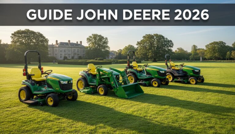 Plusieurs modèles de tondeuses autoportées John Deere de différentes gammes garées sur une pelouse verte et ensoleillée, avec un texte 'GUIDE JOHN DEERE 2026' superposé.