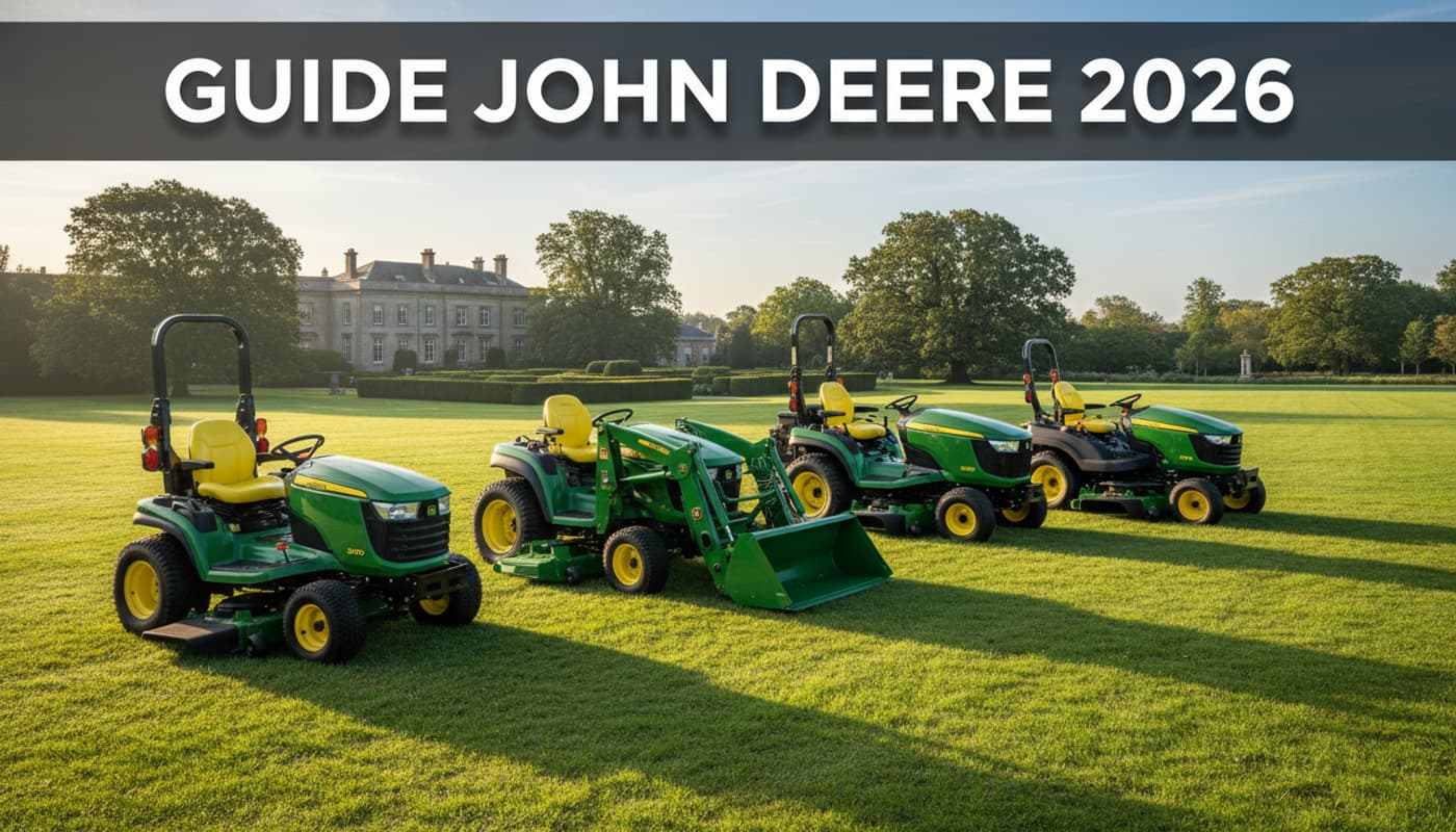 Plusieurs modèles de tondeuses autoportées John Deere de différentes gammes garées sur une pelouse verte et ensoleillée, avec un texte 'GUIDE JOHN DEERE 2026' superposé.