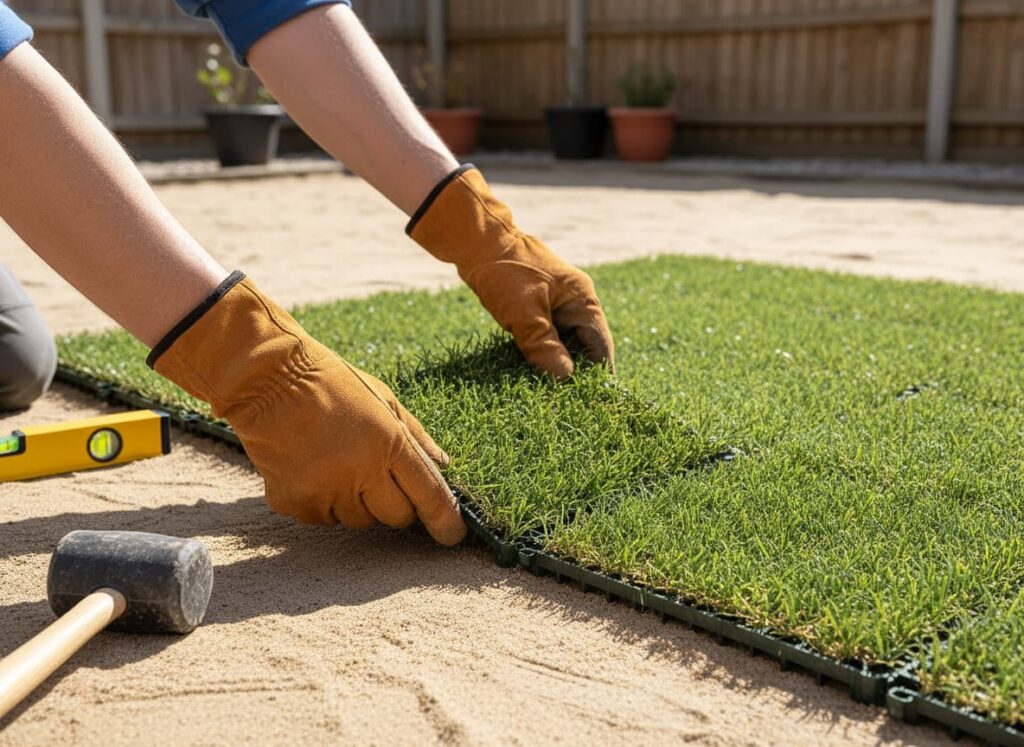 Une personne avec des gants de travail installe une dalle de jardin en l'emboîtant sur un lit de sable, avec un niveau à bulle et un maillet posés à proximité.