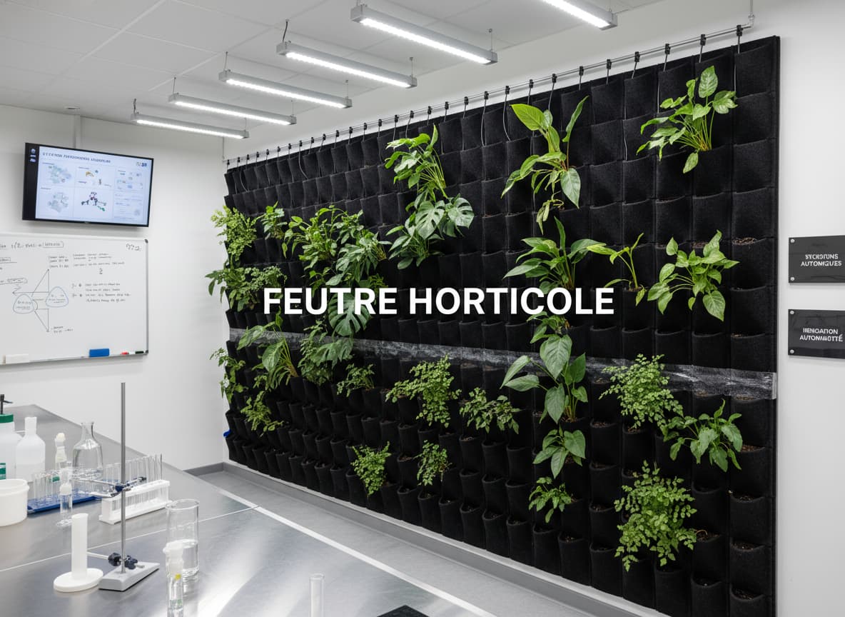 Installation professionnelle d'un mur végétal hydroponique avec feutre horticole noir, tubes d'irrigation intégrés et fougères tropicales.