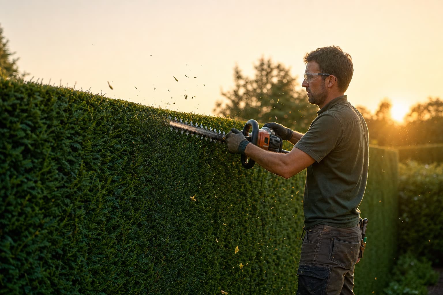 Un jardinier, en vue de profil, utilise un taille-haie professionnel pour tailler une haie dense de cyprès de Leyland parfaitement formée, à l