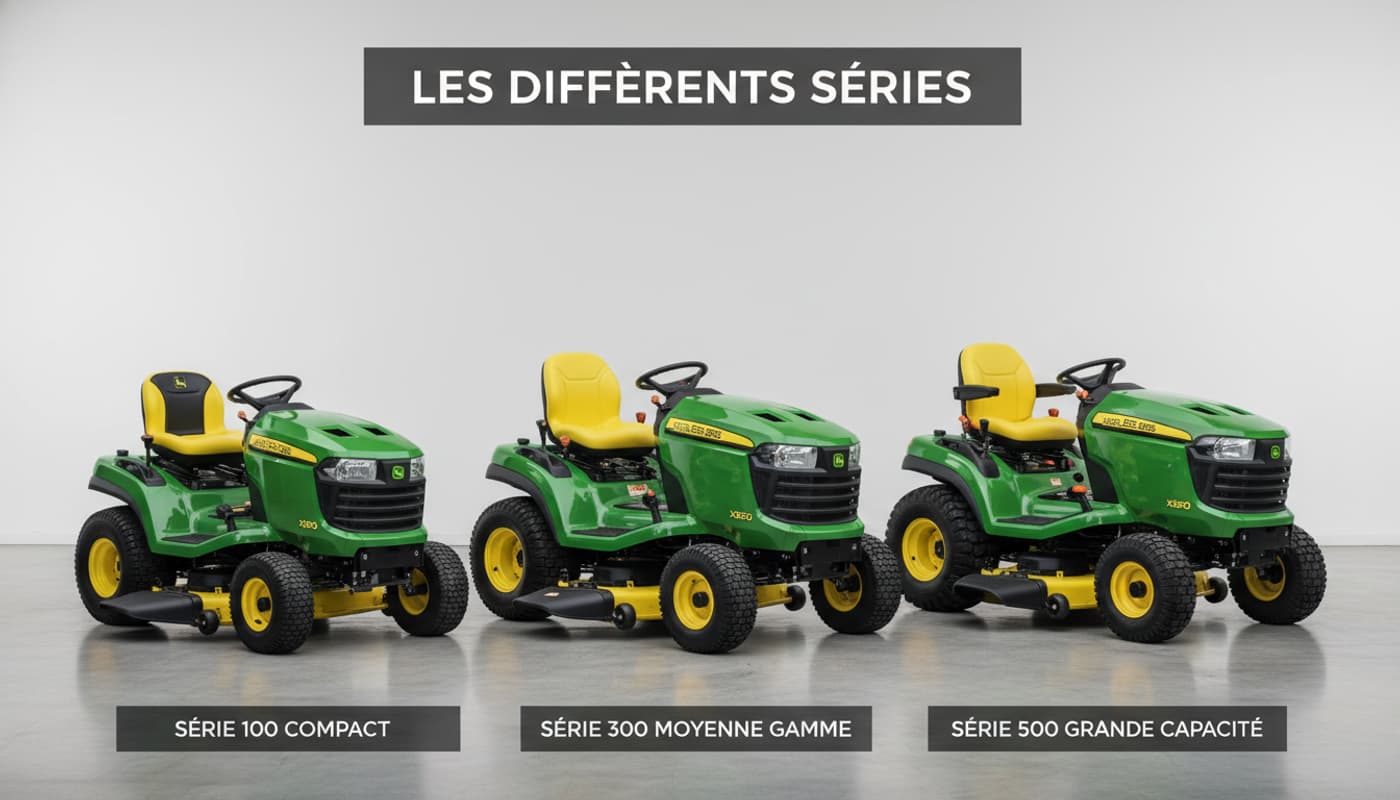 Trois tracteurs John Deere de séries X100, X300 et X500 alignés côte à côte sur fond neutre, avec texte 'LES DIFFÉRENTES SÉRIES' en superposition.